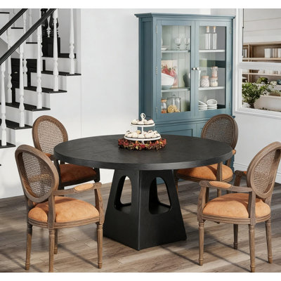 Round Dining Table for 4-6, 47 Inch with Wooden Top and Storage Base, Farmhouse Style for Dining and Kitchen Areas, Black