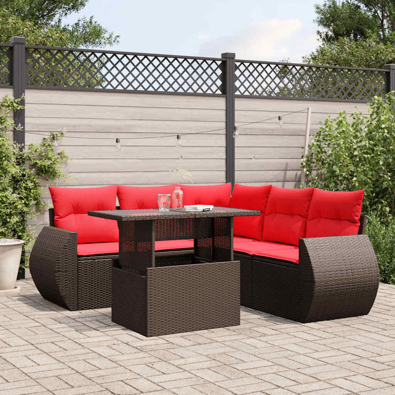 Ensemble de canapé de patio 6 pièces avec coussins en rotin de polyester, Rouge, Brun