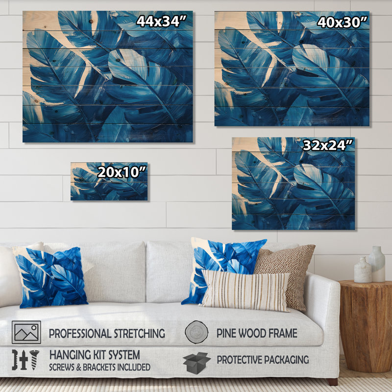 Palms In Velvet Blue Harmony II - Palms & Palm Trees Wood Wall Decor - On Natural Pine Wood, 10" H x 20" W x 0.78" D