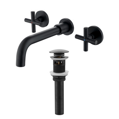 Modern Wall Mounted 2-handle Bathroom Sink Faucet in Matte Black, Lead-Free Solid Brass With Drain Assembly