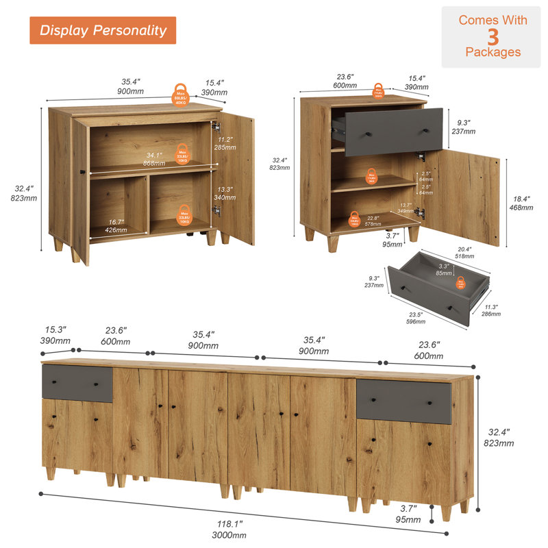 Buffet 4 en 1 avec portes et tiroirs, 118 po, Gris / brun chêne