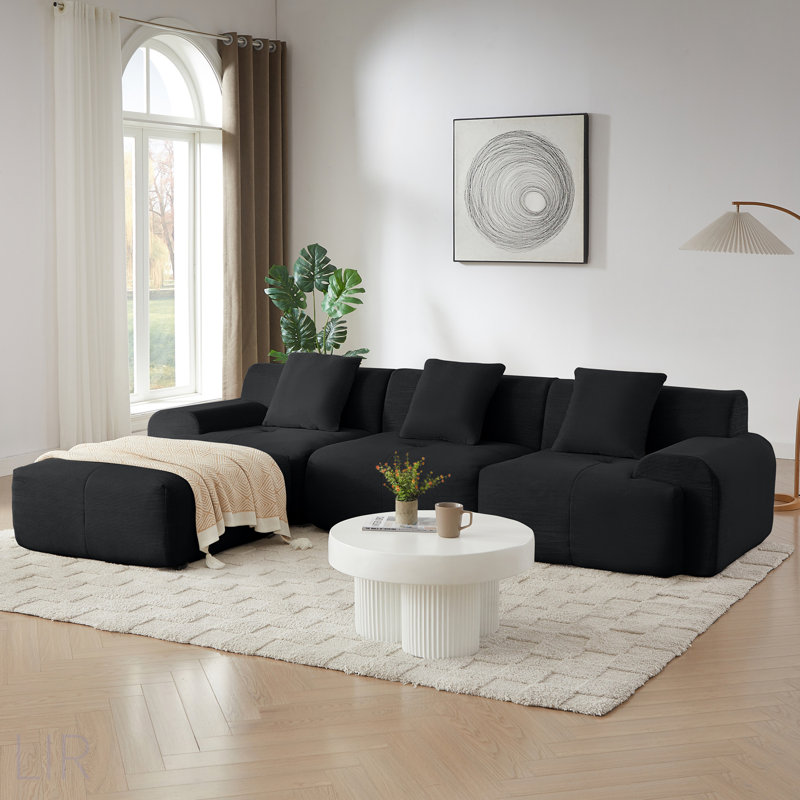 113 Inch Modern L-Shaped Modular Sectional Sofa, Corduroy Upholstery, Oversized 3-Seater With Deep Seat And Movable Ottoman – No Assembly