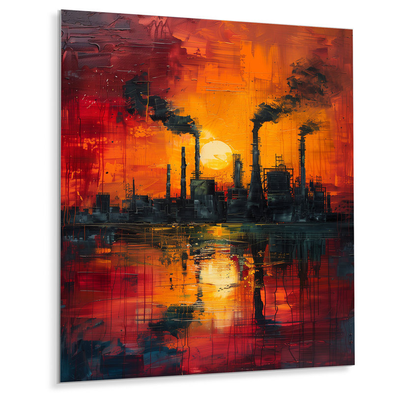 Art industriel rouge «Polution I» - usines, H 20 po x l 12 po x P 1 po, Métal métal