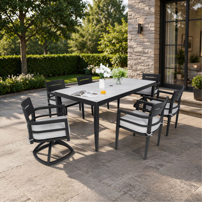 Modern 7-Piece Outdoor Patio Dining Set – 35.5"x71" Rectangular Table with Marble-Inspired Sintered Stone Top, 4 Chairs & 2 Swivel Rockers, Sunbrella Cushions