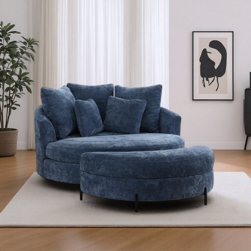 59.5" W Oversized Slipcovered Upholstered Accent Barrel Chair With Ottoman, Blue