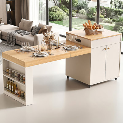 Îlot de cuisine à roulettes extensible de 78,8 pouces avec prise de courant, étagère à épices à 2 niveaux, tiroir à vaisselle, tiroir pour appareils électroménagers et armoire de rangement à double porte OMCHOM
