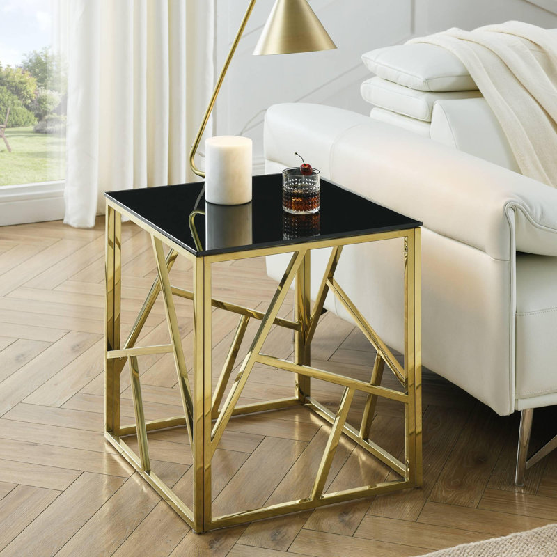 Table de bout moderne en verre avec structure géométrique en métal, Doré poli