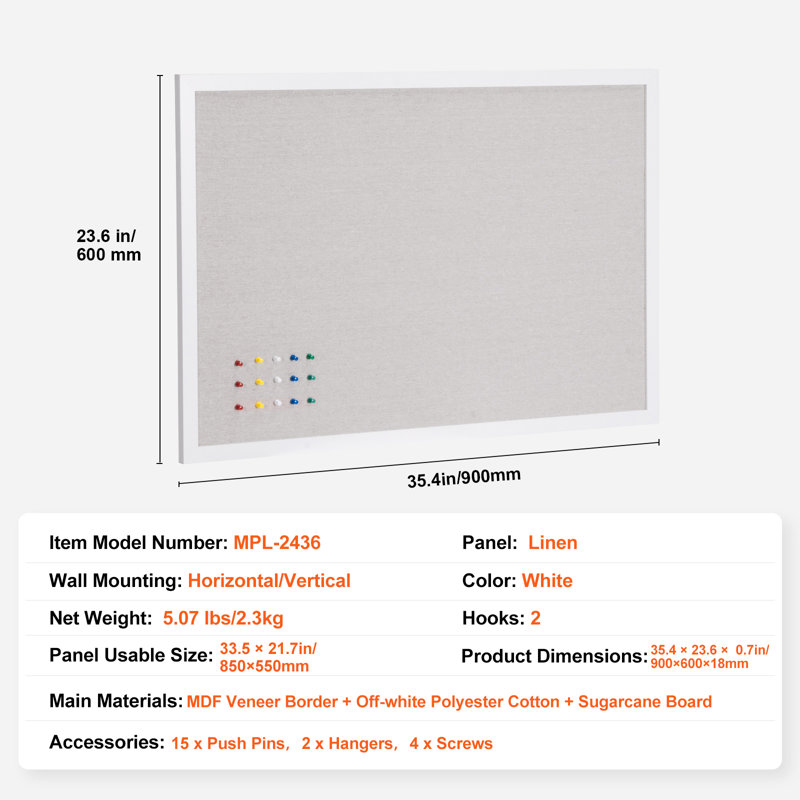 Tableau d'affichage mural en liège blanc avec surface en lin, H 35,4 po x l 23,6 po