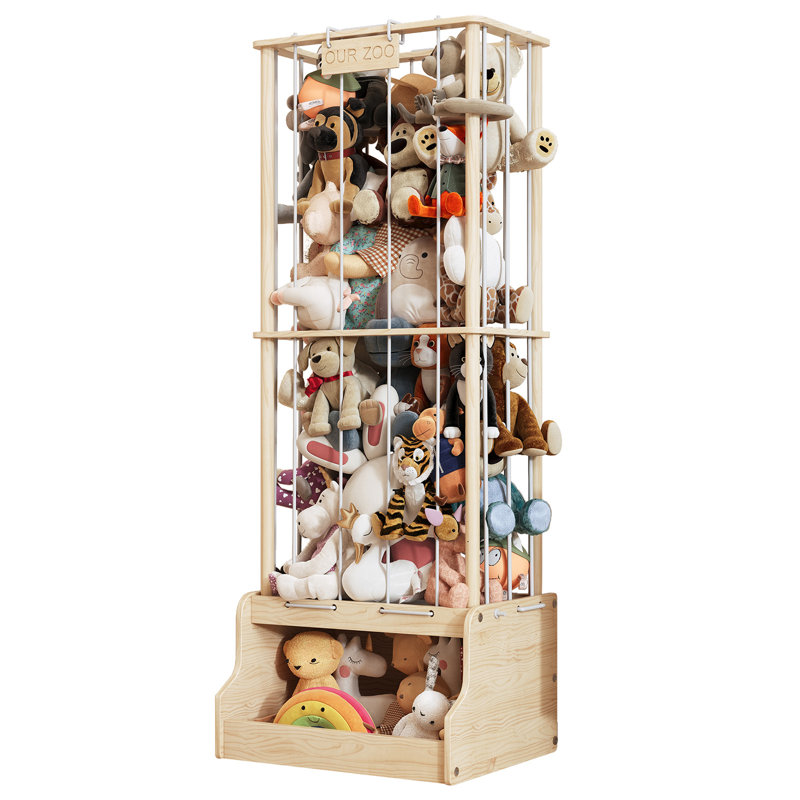 Solid Wood 2-in-1 Stuffed Animal Storage With Sturdy Cube Base & Elastic Rope, Space-saving Toy Storage For Playroom, Nursery Or Bedroom