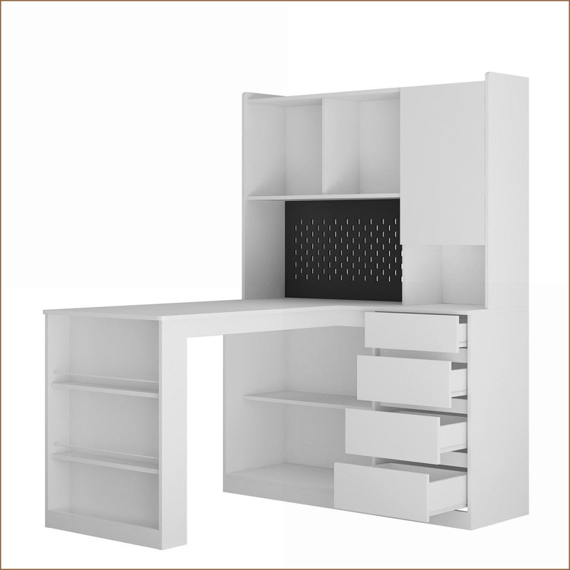 Bureaux, bureau d'ordinateur moderne en L blanc avec station de charge, rangement, lumière DEL | Blanc | Panneau de fibres à densité moyenne