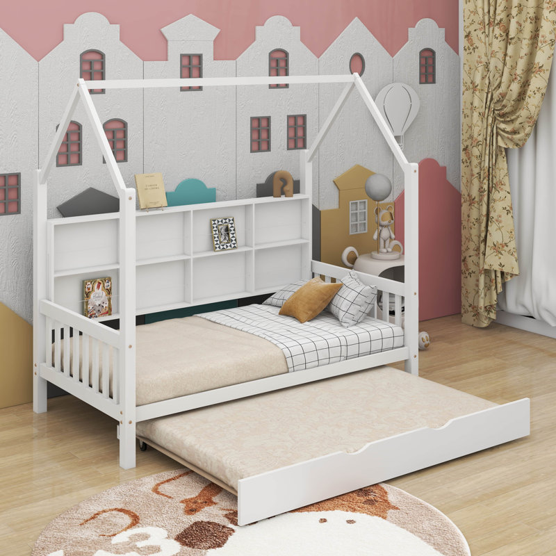 Wooden Twin Size House Bed With Trundle, Twin