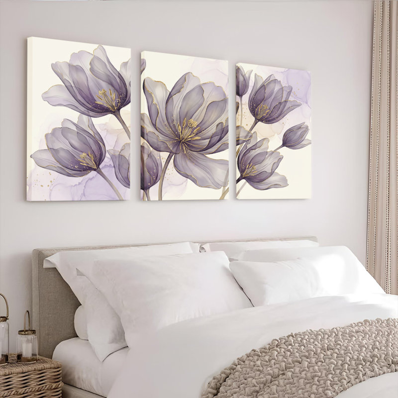 Ensemble de 3 tableaux muraux sur toile représentant des tulipes violettes, parfaits pour la décoration du salon et de la chambre.