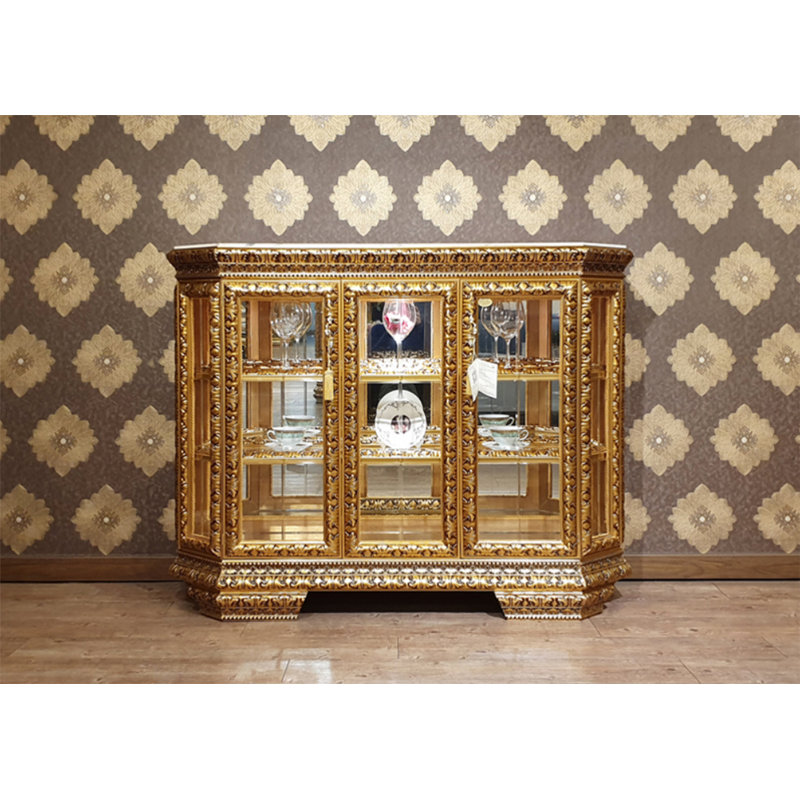 Felipe Solid Wood Lighted Curio Cabinet, Gold