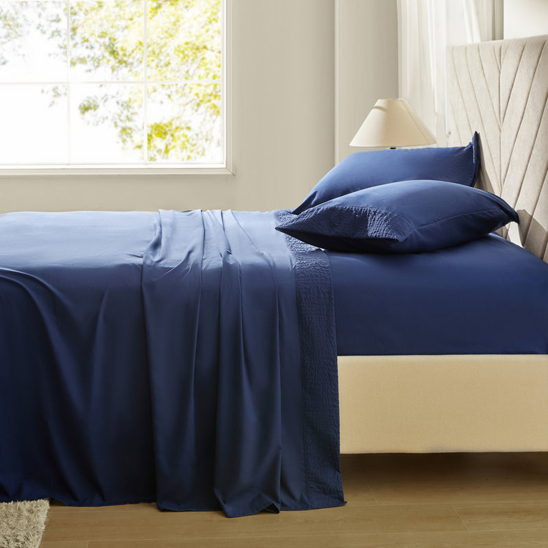 Draps et taies d'oreiller en polyester, Ensemble de draps pour très grand lit avec 2 taie, Indigo