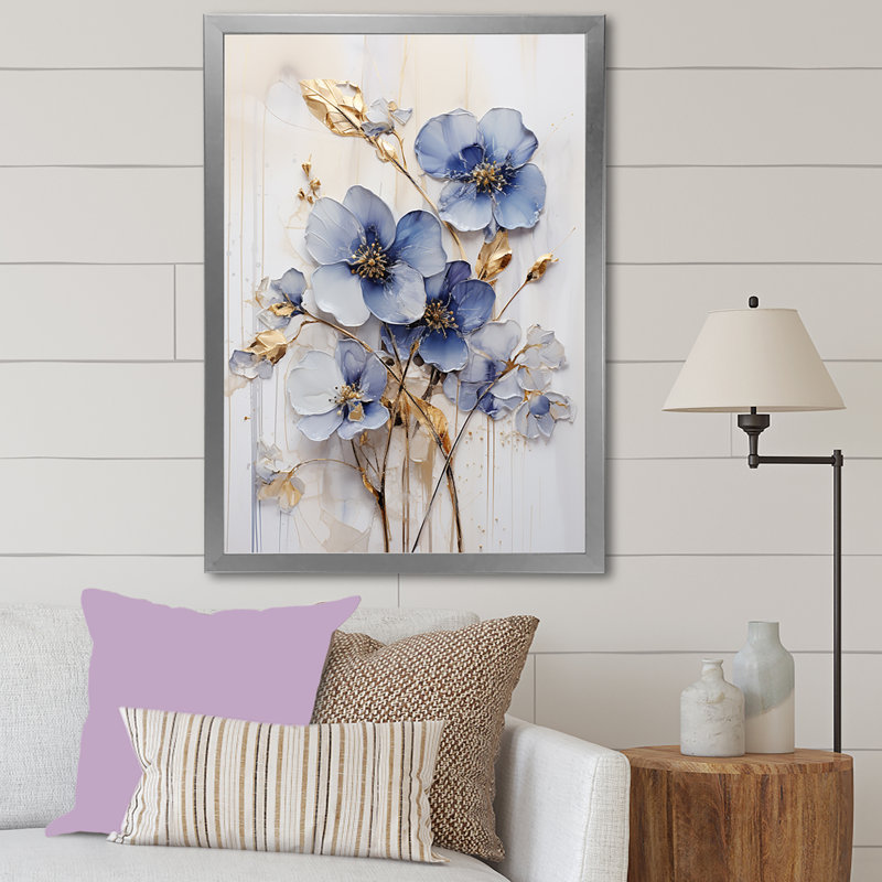 Bleu et or Exquisit Violets IV, H 44 po x l 34 po x P 1,5 po, Cadre simple argenté