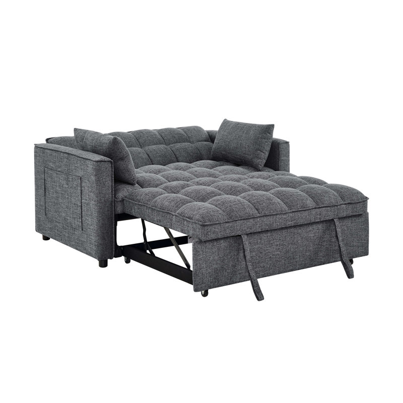 Canapé-lit à 2 places gris, avec capitonnage profond, lit escamotable et poches latérales, parfait pour regarder des films dans les appartements avec rangement coulissant, petits espaces de vie