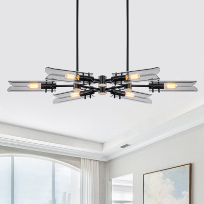 Lustre linéaire moderne à 6 lumières avec abat-jour en verre gris fumé fabriqué à la main, finition noir mat et or brossé, hauteur réglable de 11,81 po à 66,93 po, homologué ETL pour la salle à manger avec îlot de cuisine