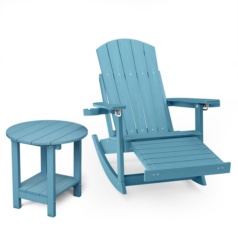 Outdoor Adirondack Rocking Chair With Ottoman And Side Table, Blue
