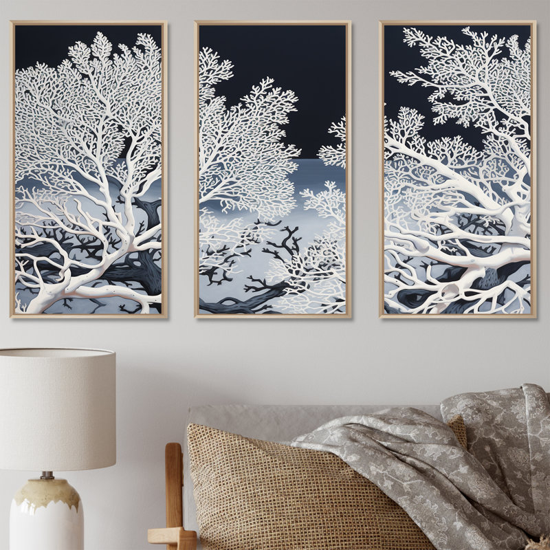Abstrait coraux - Ensemble d'art mural toile corail sous l'eau, Cadre naturel flottant, H 28 po x l 36 po x P 1 po