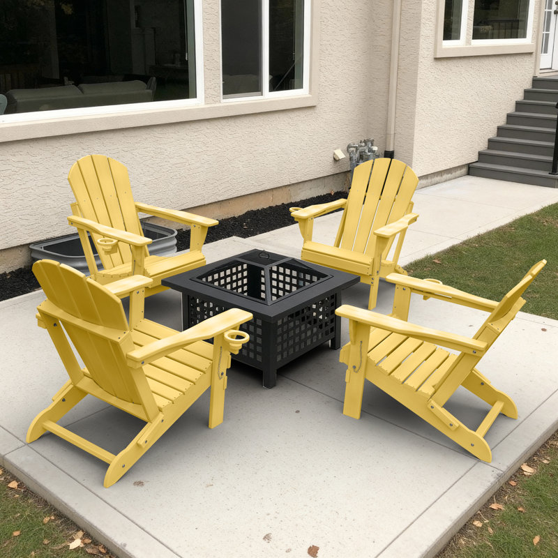 Outdoor Adirondack Chair Set Fire Pit Chair HDPE Foldable Patio Chair With Cup Holder, Lemon Yellow