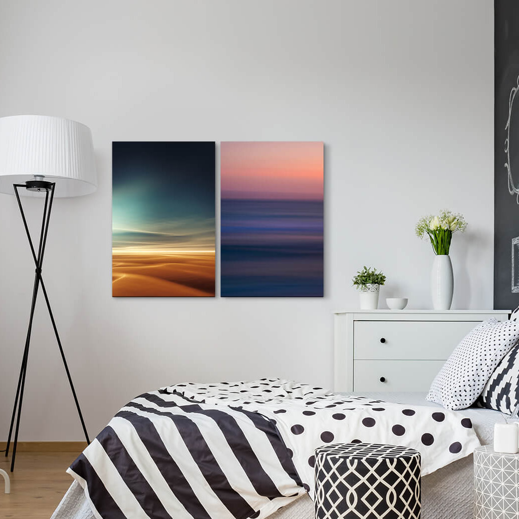 2-tlg. Leinwandbilder-Set - Grafikdruck „Desert Sahara Sunset Pastel Shades Gold Harmony Horizon”