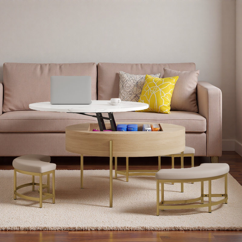 Table basse moderne à plateau relevable avec espace de rangement et 3 repose-pieds, Doré