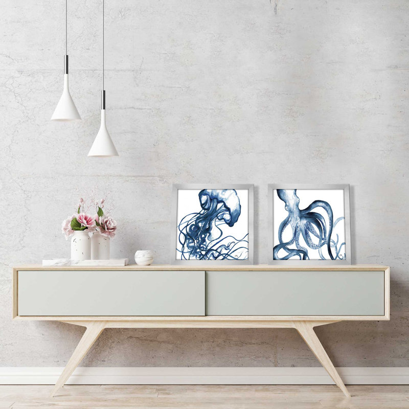 Méduse en bleu, ensemble de 2 pièces encadrées sur papier