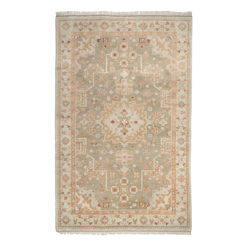 Kendra Hand Knotted Wool Oriental Area Rug in Olive/Taupe/Sky Blue, Rectangle 7'6" x 9'6"