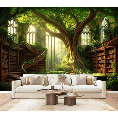 Bibliothèque de papier peint à peler et coller, arbre géant, fenêtres ensoleillées, verdure, mur de livres de bibliothèque, 69 po x l 96 po, amovible, papier peint en PVC, peintures murales auto-adhésives, décoration pour le salon de la chambre à coucher
