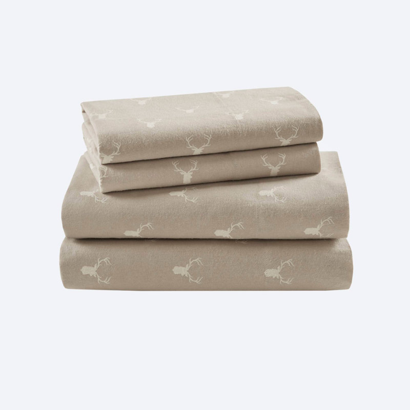 Ensemble de draps 4 pièces 100% flanelle de coton - Tête de cerf, Ensemble de draps pour lit double avec 2 taies d'o
