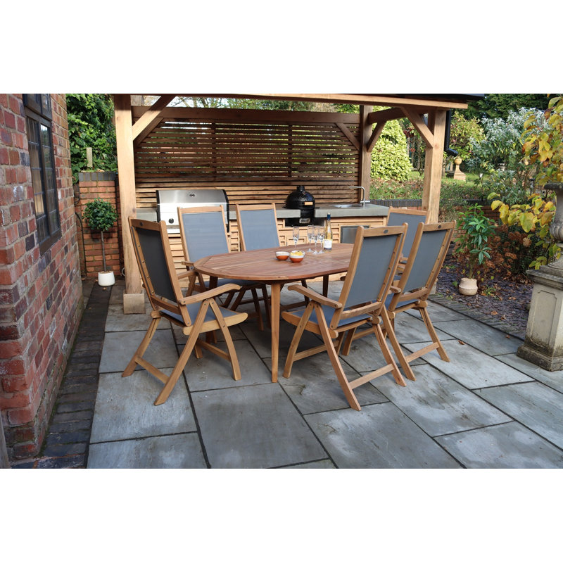 ELIPSE Table with 6 x Grey Textylene Reclining Folding High Back Armchair