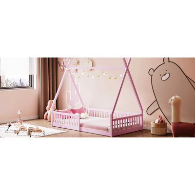 Lit simple rose avec clôture - Bois de pin pour chambre à coucher