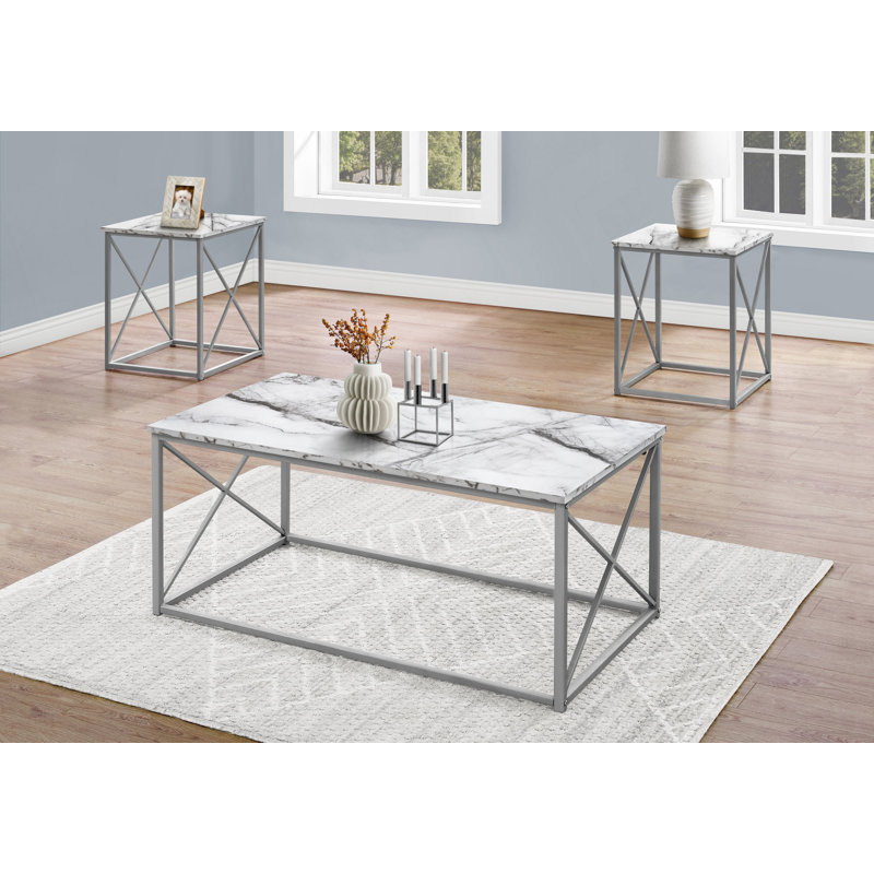 Ensemble de table, ensemble de 3 pièces, café, bout, côté, décor, salon, stratifié aspect marbre noir, métal, contemporain, moderne