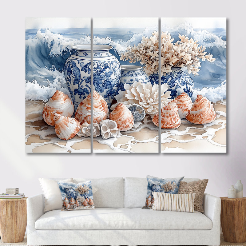 «Floral Beach Pottery» en bleu et blanc I - ensemble d'art mural de poterie de plage, Toile tendue