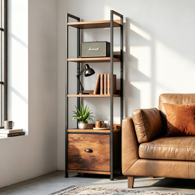 Bibliothèque industrielle à 5 niveaux avec tiroir de rangement, bibliothèque en bois et métal pour le salon et la chambre à coucher