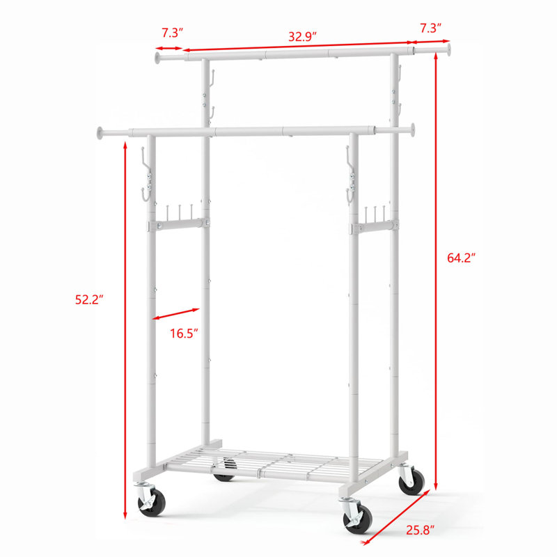 White Double Rod Metal Garment Rack with Wheels and Shelves, 64.2in
