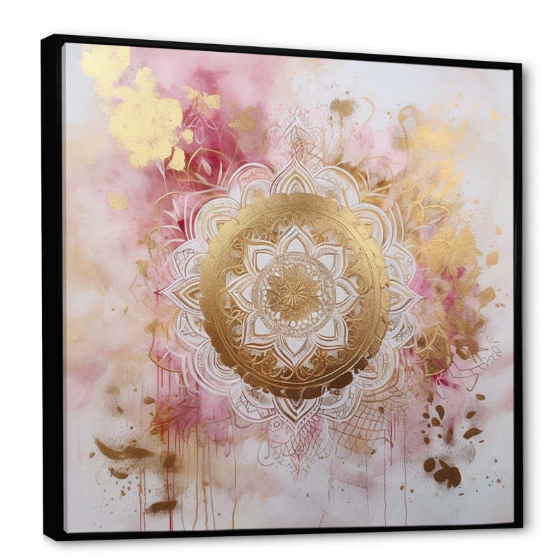 Mandala III or rose sur toile, H 16 po x l 16 po x P 1 po, Cadre flottant noir