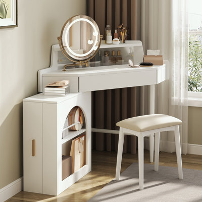 Bureau de coiffeuse de coin avec miroir pliant réglable, éclairage à DEL 3 couleurs, rangement adéquat et tabouret
