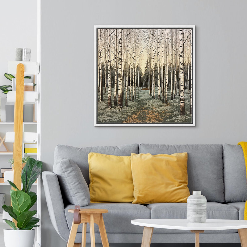 «Serene Winter Birch Trees Snowy Forest Illustration Modern Art Relax / Calm Warm», reproduction d'art sur toile, Blanc