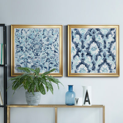 Azure Mosaic Tile III - Matted and Framed Under Acrylic Glass, Set of 2, Large Living Room Wall Art
