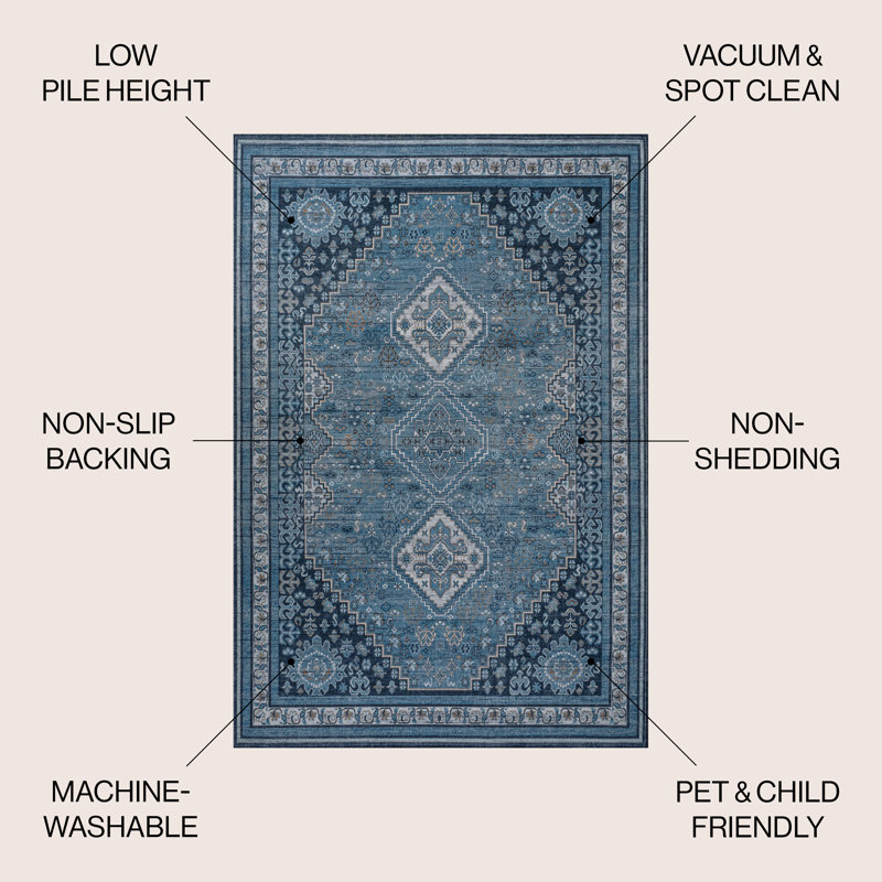 Dalyan Geometric Medallions Machine-Washable Blue/Gray Rug, Rectangle 7'10" x 10'