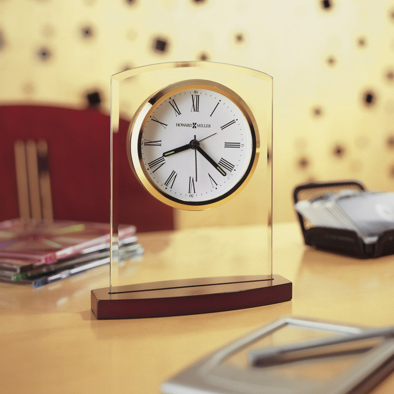 Modern & Contemporary Roman Numeral Glass Quartz Movement / Crystal Alarm Tabletop Clock in Satin Rosewood/Clear