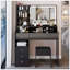 Grande table de coiffeuse avec tabouret rembourré, miroir DEL surdimensionné, éclairage tricolore et rangement multicouche-129911226