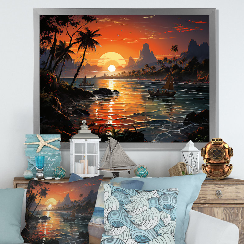 «Vintage Tropical Coastline Paradise V», art mural bord de mer tropical, Cadre de coin argenté fermé