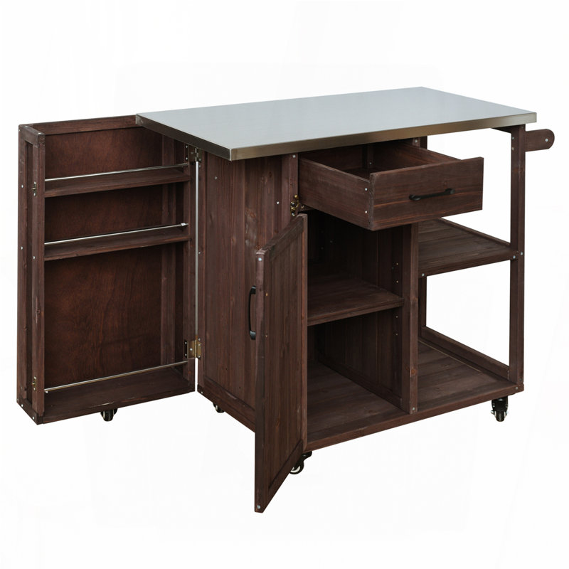 Outdoor Kitchen Island Fir Wood Prep Station Lockable Kitchen Cart with Stainless Top, Ample Storage Space, Dark Brown
