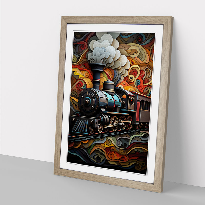 Steam Train Geometric - Framed Print, 34" H x 25" W x 2" D, Oak