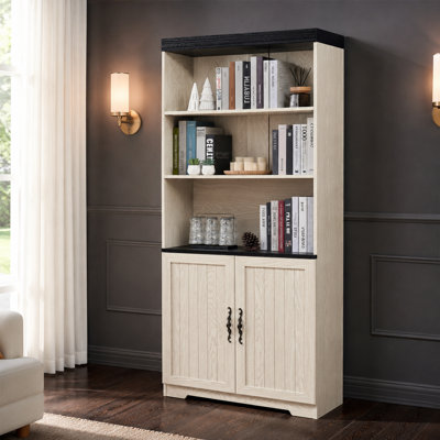 Armoire de rangement de 70,86 pouces de hauteur, vitrine cubique à 5 niveaux avec tablettes réglables et portes de grange coulissantes, bibliothèque autoportante en bois aggloméré avec quincaillerie anti-basculement pour chambre à coucher, salon, cuisine, garde-manger et bar