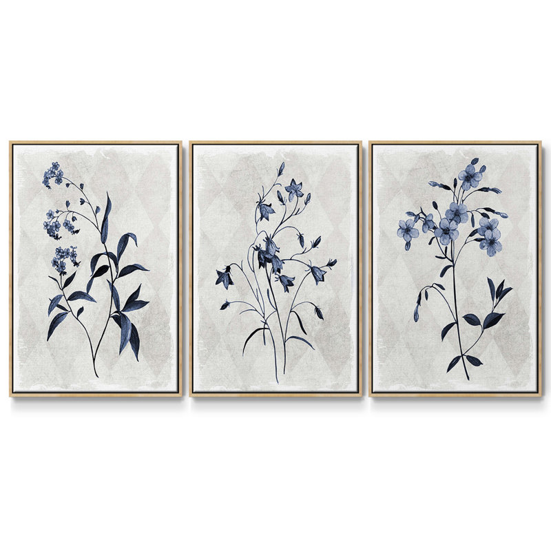 Harlequin Botanical I, ensemble de 3 toiles encadrées sur toile, H 36 po x l 72 po, Encadrement argenté