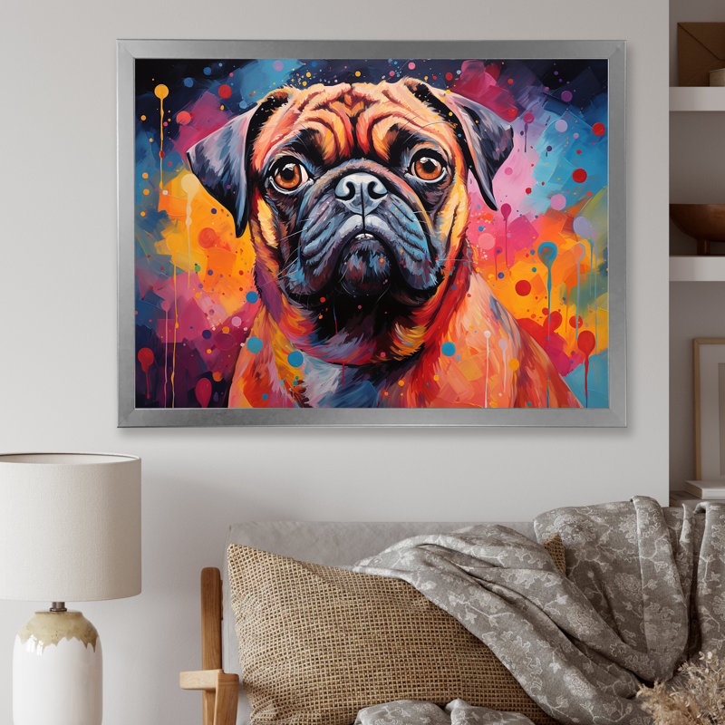 Popart carlin parade sur toile, Cadre de coin argenté fermé, H 34 po x l 44 po x P 1,5 po