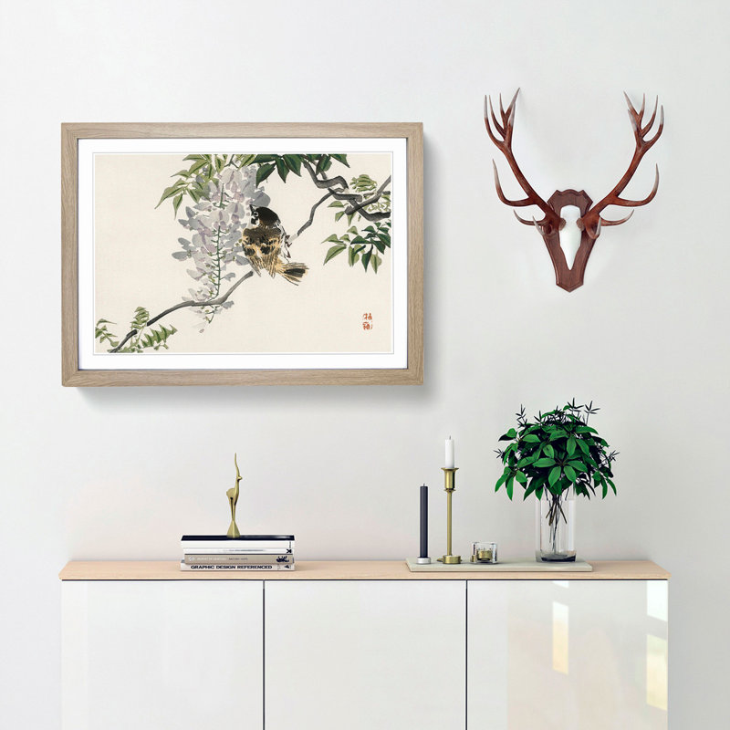 Sparrow on a Branch by Kono Baireir - Picture Frame Painting Print, 36cm H x 48cm W x 2cm D, Oak Framed